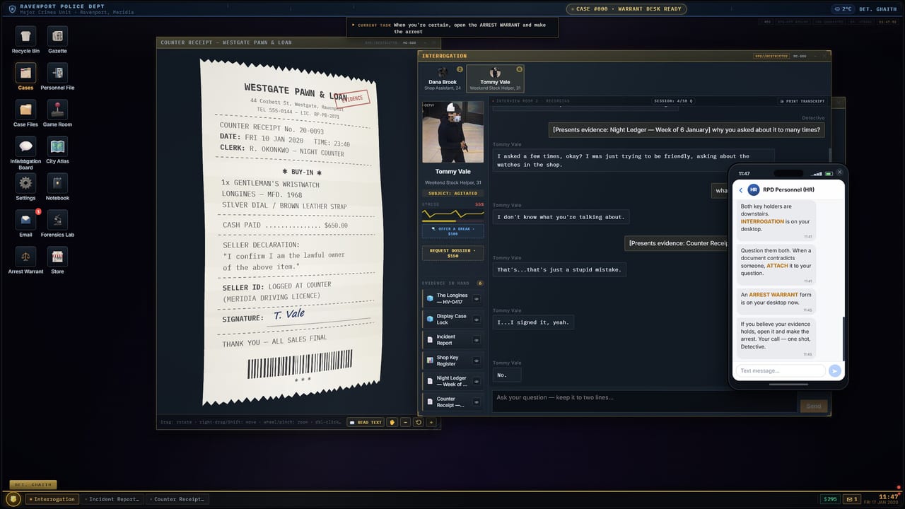 Homicide Desk interrogation window with a pawn-shop receipt, suspect stress meter, and evidence list on the Ravenport Police desktop
