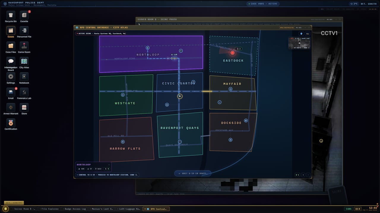 Homicide Desk City Atlas showing Ravenport districts, a CCTV feed, and patrol dispatch on the detective desktop